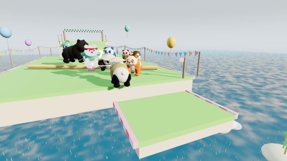 Pandas crowding a pastel race track over the sea, a striped sweeper arm spinning through them