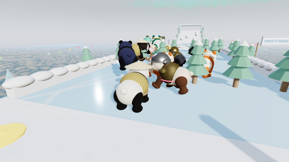 Pandas sliding across an ice field lined with snowy pine trees